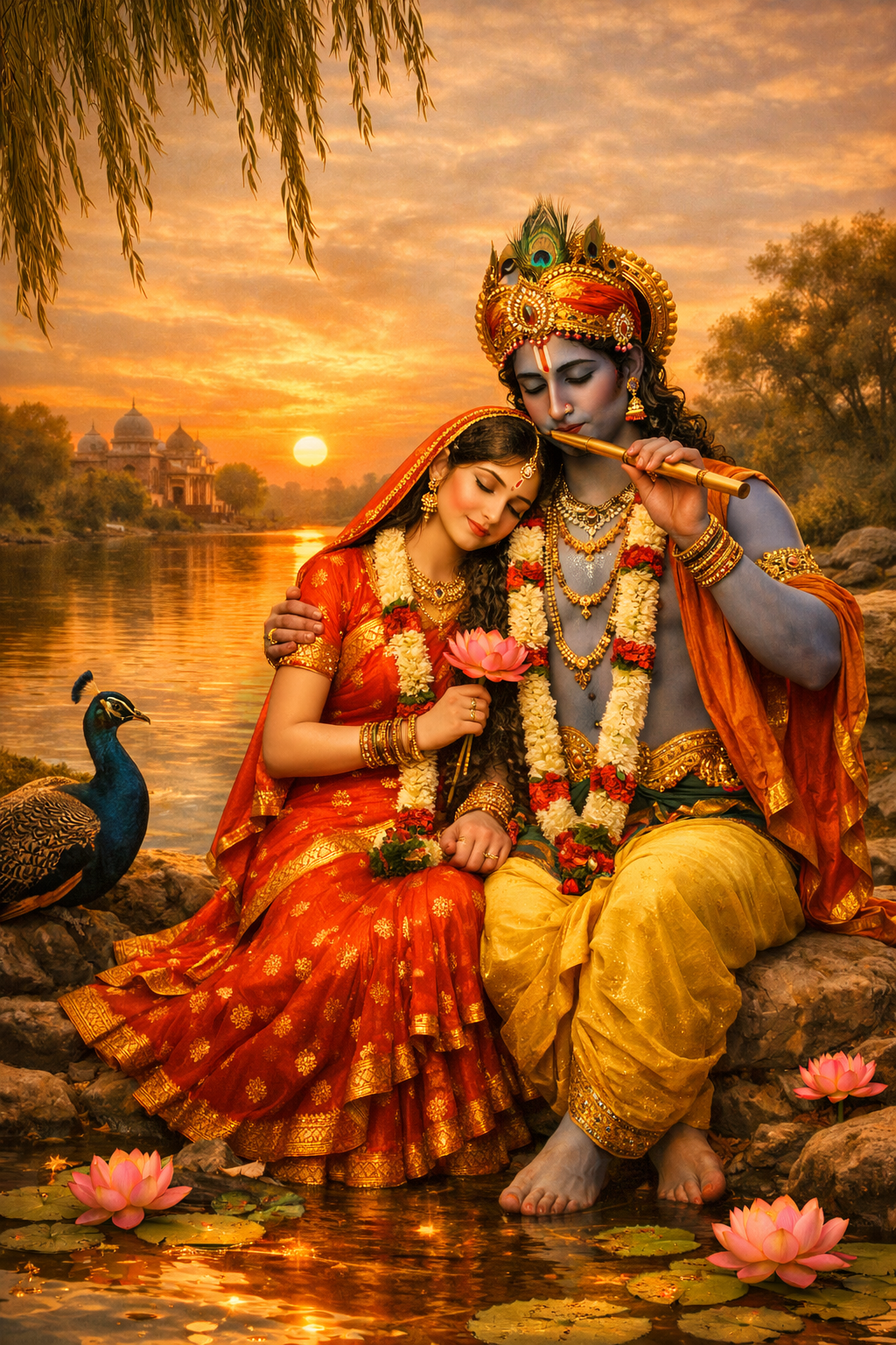 Radha and Krishna sitting on Yamuna riverbank at sunset with Krishna playing flute and lotus flowers in water — HD wallpaper